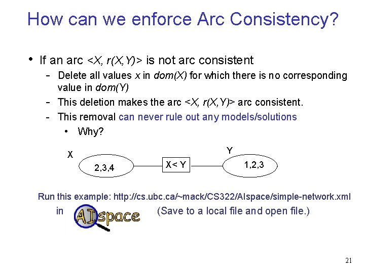 How can we enforce Arc Consistency? • If an arc <X, r(X, Y)> is