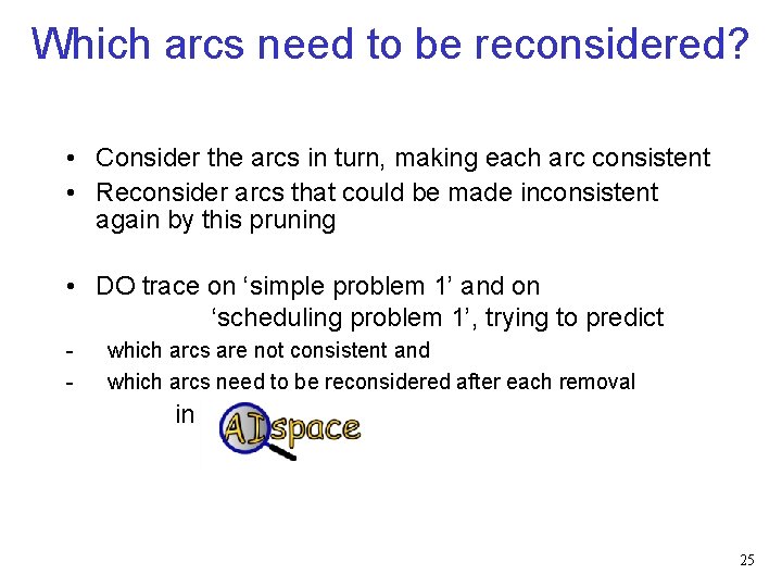 Which arcs need to be reconsidered? • Consider the arcs in turn, making each