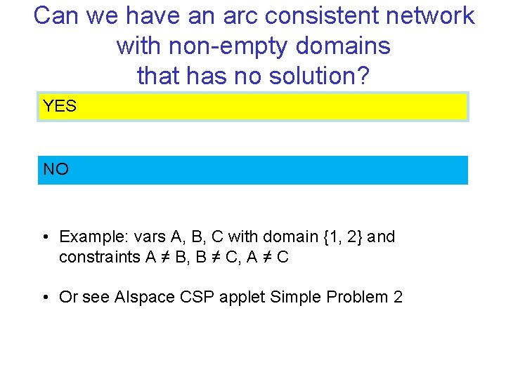 Can we have an arc consistent network with non-empty domains that has no solution?