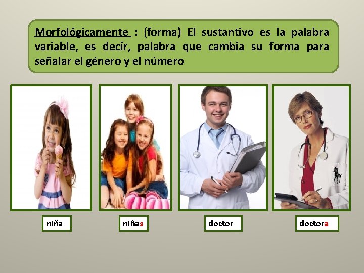 Morfológicamente : (forma) El sustantivo es la palabra variable, es decir, palabra que cambia Morfológicamente : (forma) El sustantivo es la palabra variable, es decir, palabra que cambia