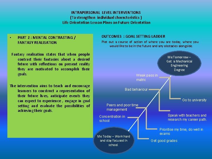 INTRAPERSONAL LEVEL INTERVENTIONS (To strengthen individual characteristics ) Life Orientation Lesson Plans on Future