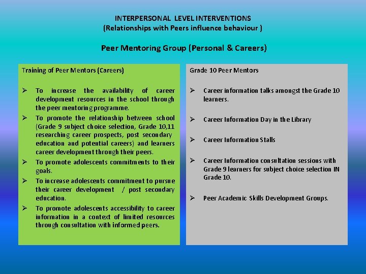 INTERPERSONAL LEVEL INTERVENTIONS (Relationships with Peers influence behaviour ) Peer Mentoring Group (Personal &