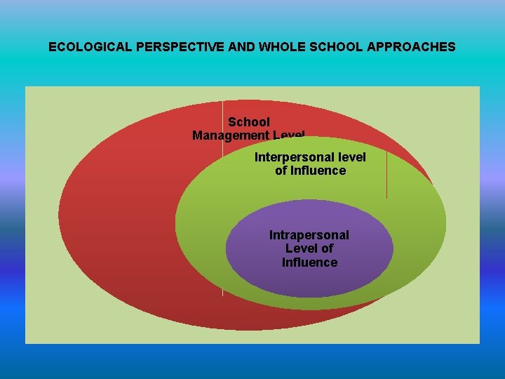 ECOLOGICAL PERSPECTIVE AND WHOLE SCHOOL APPROACHES School Management Level Interpersonal level of Influence Intrapersonal