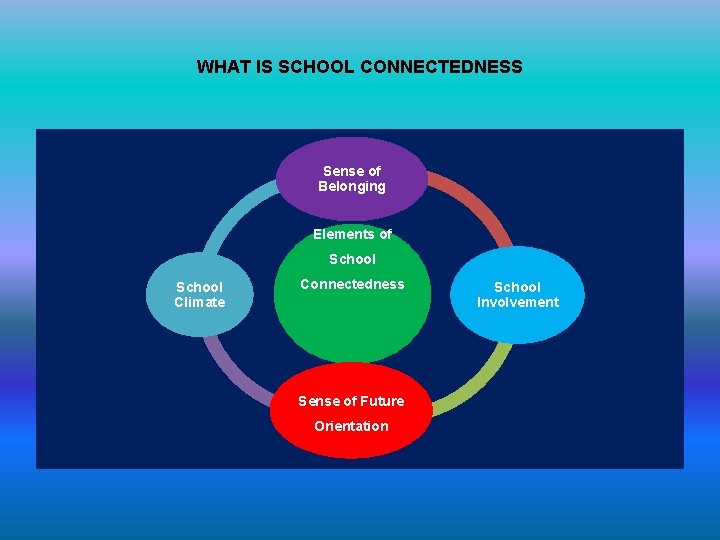 WHAT IS SCHOOL CONNECTEDNESS Sense of Belonging Elements of School Climate Connectedness Sense of