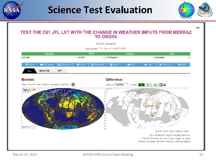 Science Test Evaluation Nov 19 -21, 2019 MODIS VIIRS Scince Team Meeting 18 