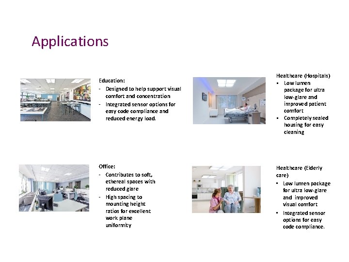 Applications Education: - Designed to help support visual comfort and concentration - Integrated sensor