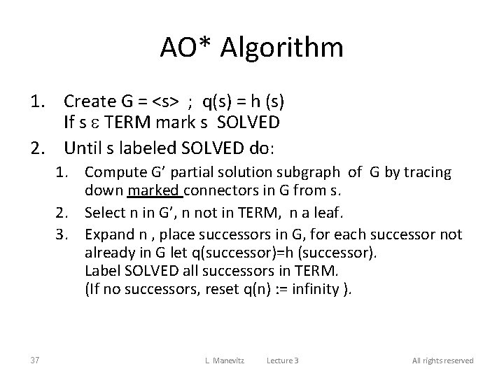 AO* Algorithm 1. Create G = <s> ; q(s) = h (s) If s