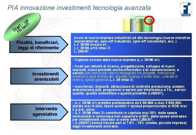 PIA innovazione investimenti tecnologia avanzata uph rt tec a St Hi. Finalità, beneficiari, leggi