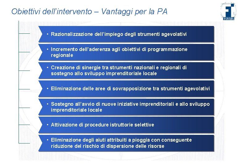 Obiettivi dell’intervento – Vantaggi per la PA • Razionalizzazione dell’impiego degli strumenti agevolativi •