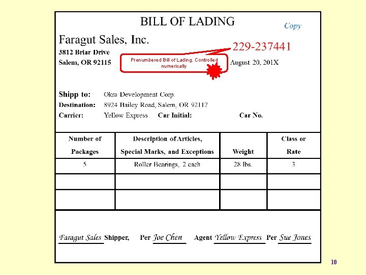 Prenumbered Bill of Lading. Controlled numerically 10 