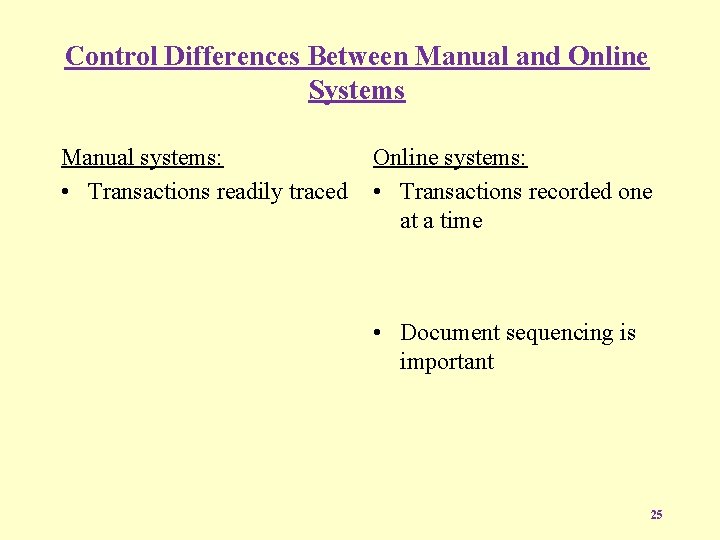 Control Differences Between Manual and Online Systems Manual systems: • Transactions readily traced Online