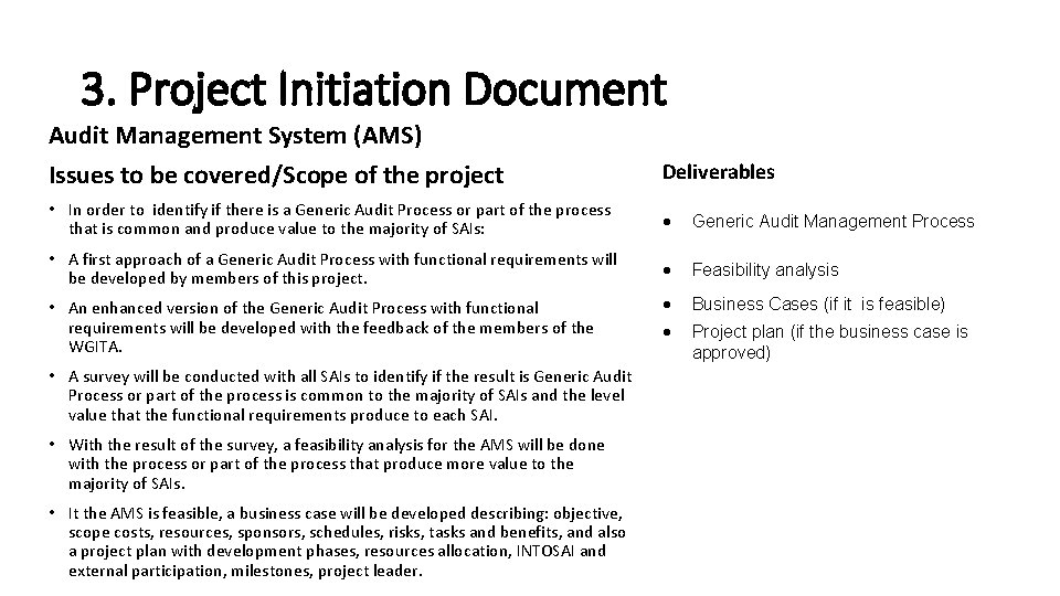 3. Project Initiation Document Audit Management System (AMS) Issues to be covered/Scope of the