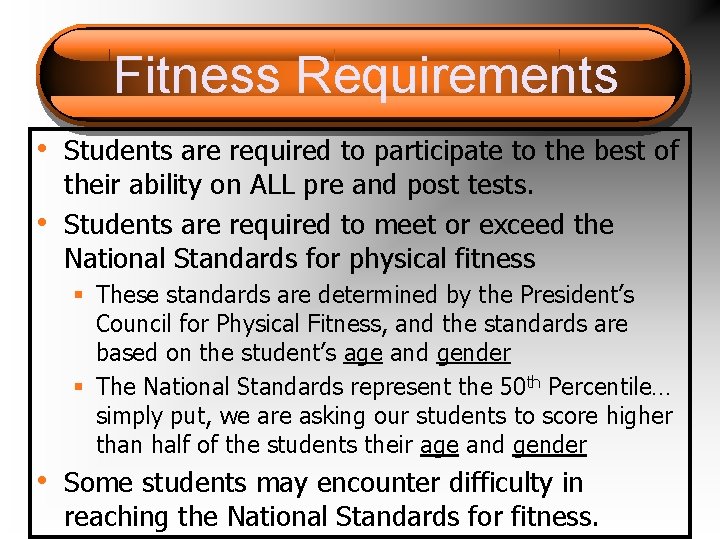 Fitness Requirements • Students are required to participate to the best of • their