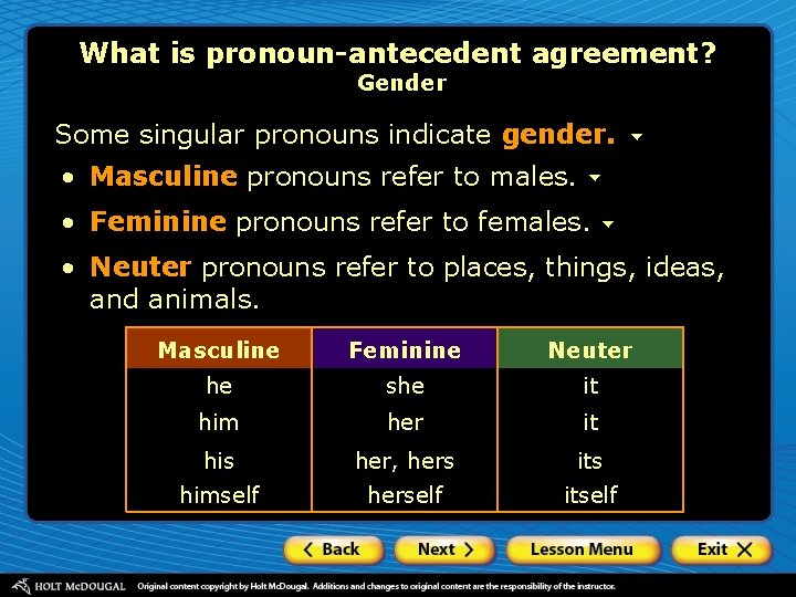 What is pronoun-antecedent agreement? Gender Some singular pronouns indicate gender. • Masculine pronouns refer
