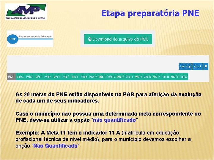 Etapa preparatória PNE As 20 metas do PNE estão disponíveis no PAR para aferição
