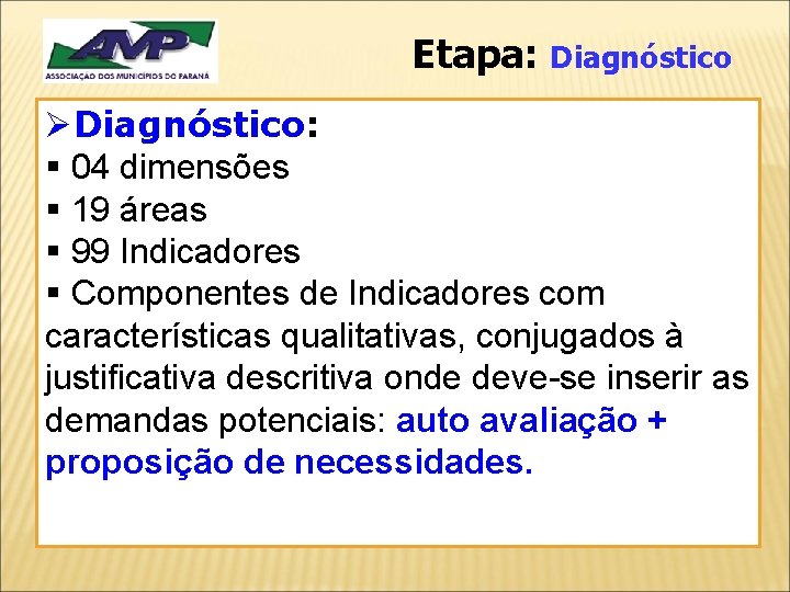Etapa: Diagnóstico ØDiagnóstico: § 04 dimensões § 19 áreas § 99 Indicadores § Componentes