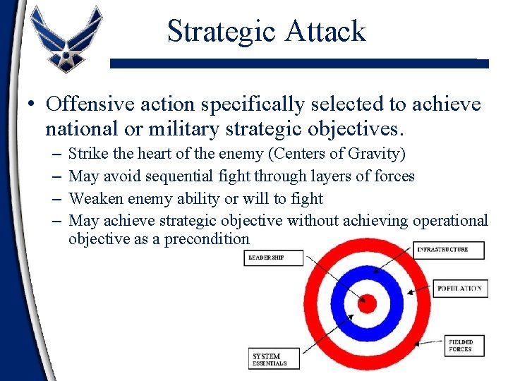 Strategic Attack • Offensive action specifically selected to achieve national or military strategic objectives.