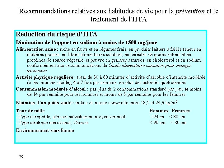 Recommandations relatives aux habitudes de vie pour la prévention et le traitement de l’HTA