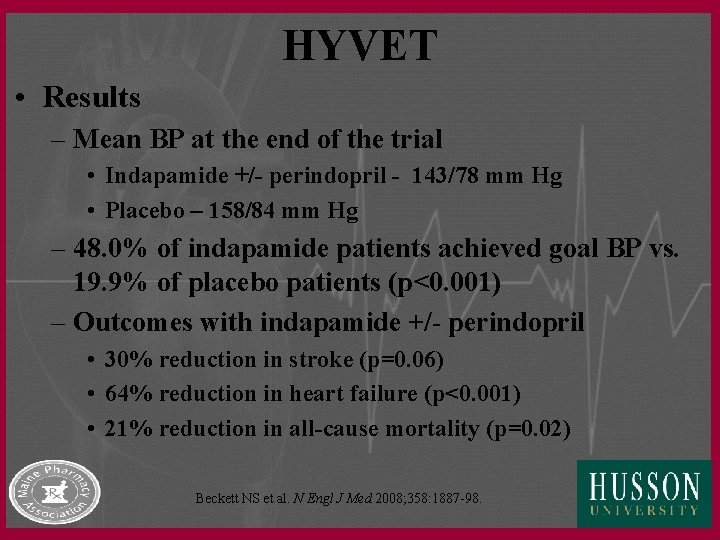 HYVET • Results – Mean BP at the end of the trial • Indapamide