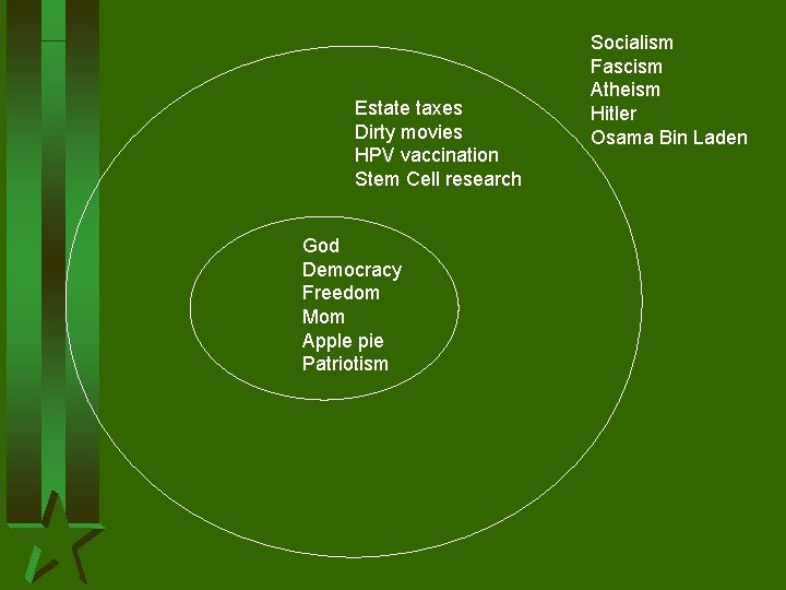 Estate taxes Dirty movies HPV vaccination Stem Cell research God Democracy Freedom Mom Apple