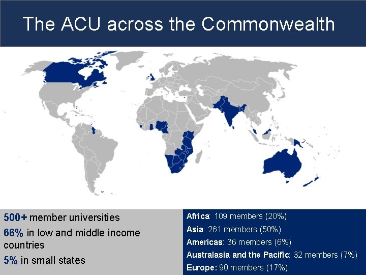 The ACU across the Commonwealth 500+ member universities 66% in low and middle income