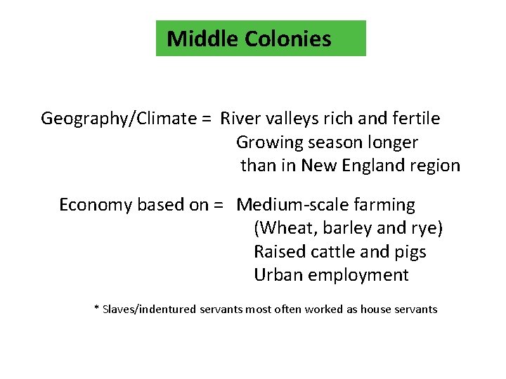 Middle Colonies Geography/Climate = River valleys rich and fertile Growing season longer than in