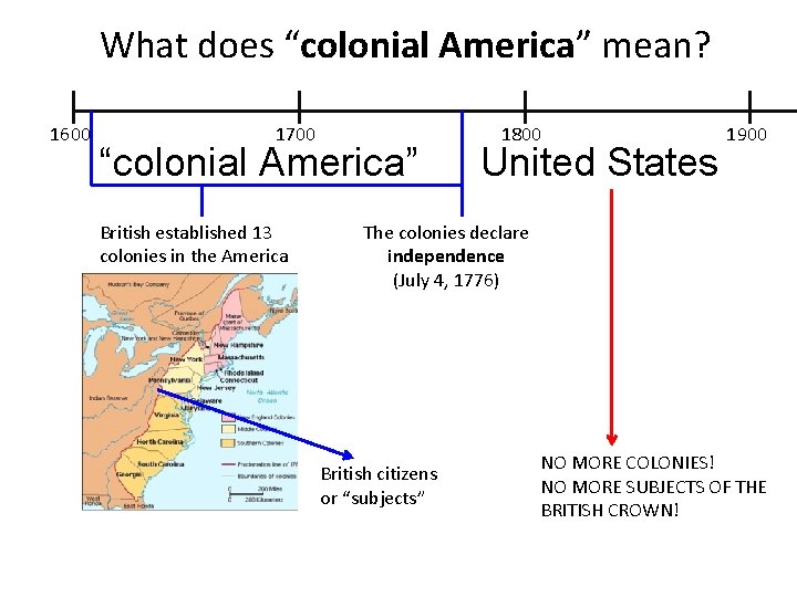 What does “colonial America” mean? 1600 1700 “colonial America” British established 13 colonies in
