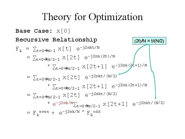 Theory for Optimization Base Case: x[0] Recursive Relationship (2 t)/N = t/(N/2) Fk =
