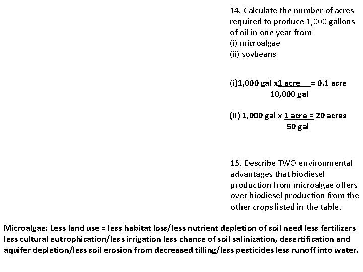 14. Calculate the number of acres required to produce 1, 000 gallons of oil