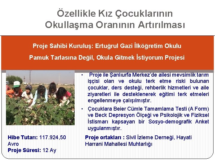 Özellikle Kız Çocuklarının Okullaşma Oranının Artırılması Proje Sahibi Kuruluş: Ertuğrul Gazi İlköğretim Okulu Pamuk