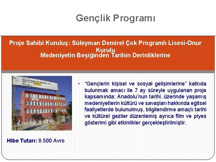 Gençlik Programı Proje Sahibi Kuruluş: Süleyman Demirel Çok Programlı Lisesi-Onur Kurulu Medeniyetin Beşiğinden Tarihin