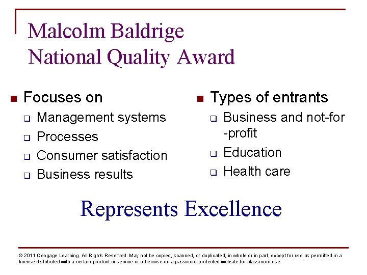 Malcolm Baldrige National Quality Award n Focuses on q q Management systems Processes Consumer