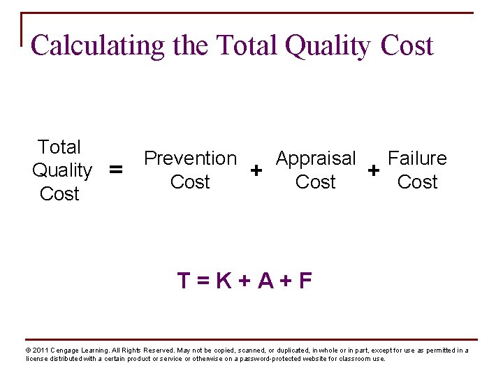 Calculating the Total Quality Cost = Prevention Appraisal Failure + + Cost T=K+A+F ©