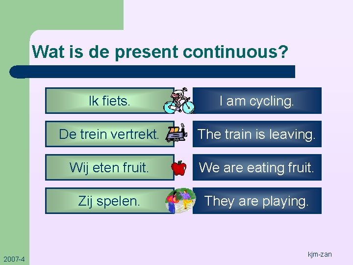 Wat is de present continuous? 2007 -4 Ik fiets. I am cycling. De trein