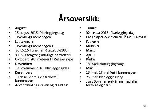Årsoversikt: • • • • August: 15. august 2015: Planleggingsdag Tilvenning i barnehagen September:
