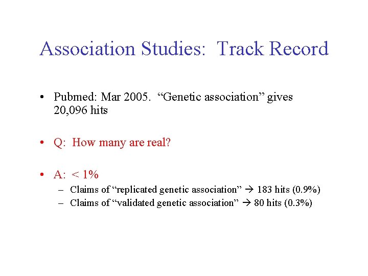 Association Studies: Track Record • Pubmed: Mar 2005. “Genetic association” gives 20, 096 hits