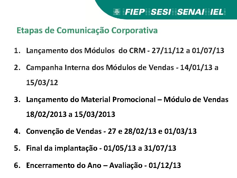 Etapas de Comunicação Corporativa 1. Lançamento dos Módulos do CRM - 27/11/12 a 01/07/13