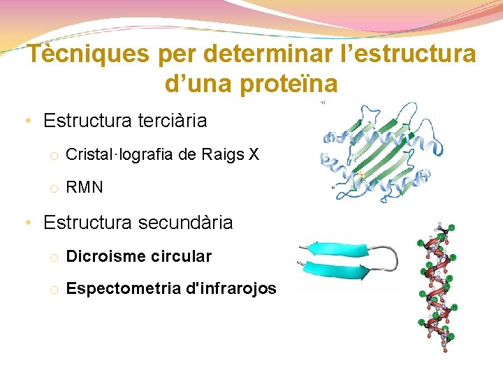 Tècniques per determinar l’estructura d’una proteïna • Estructura terciària o Cristal·lografia de Raigs X