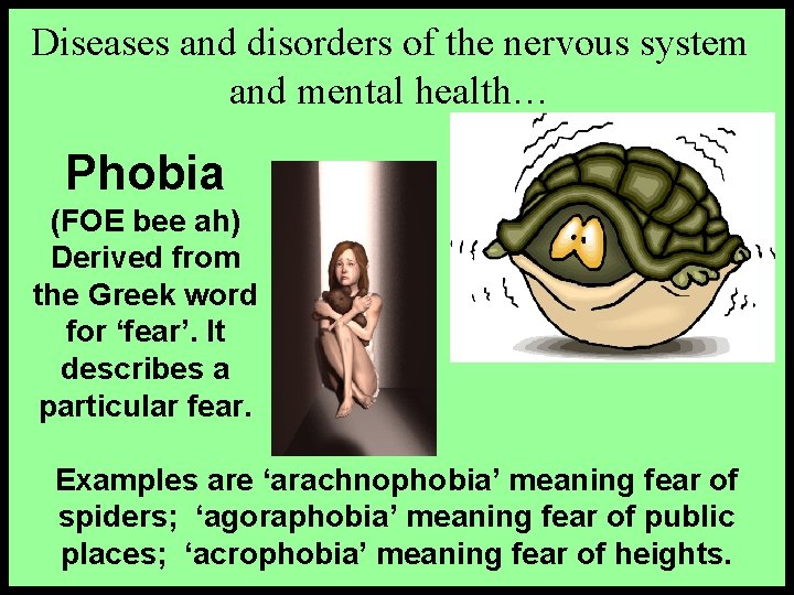 Diseases and disorders of the nervous system and mental health… Phobia (FOE bee ah)