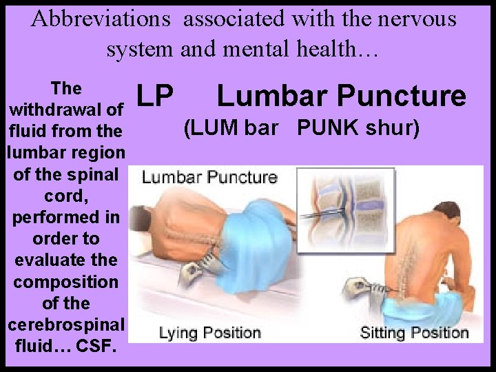 Abbreviations associated with the nervous system and mental health… The withdrawal of fluid from