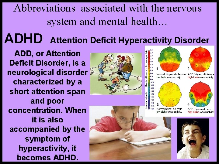 Abbreviations associated with the nervous system and mental health… ADHD Attention Deficit Hyperactivity Disorder