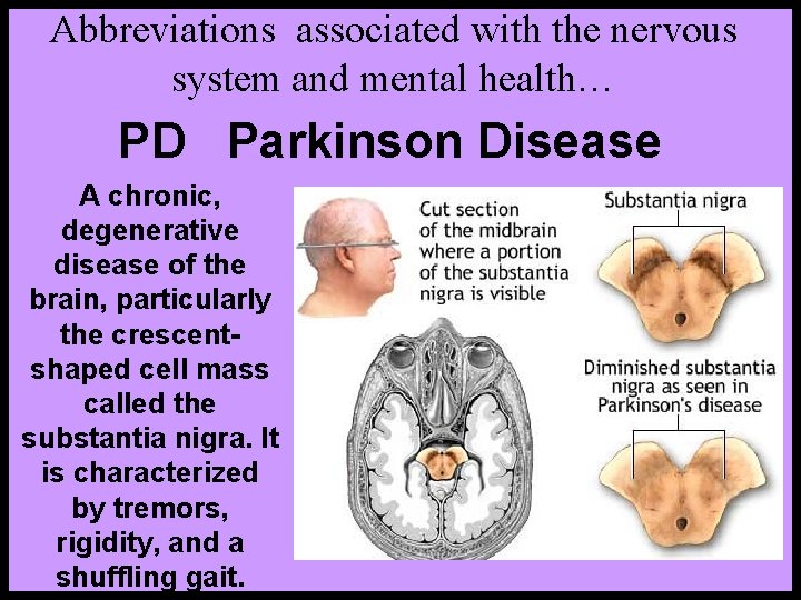 Abbreviations associated with the nervous system and mental health… PD Parkinson Disease A chronic,