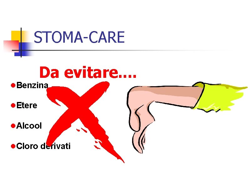 STOMA-CARE Da evitare. . Benzina Etere Alcool Cloro derivati 