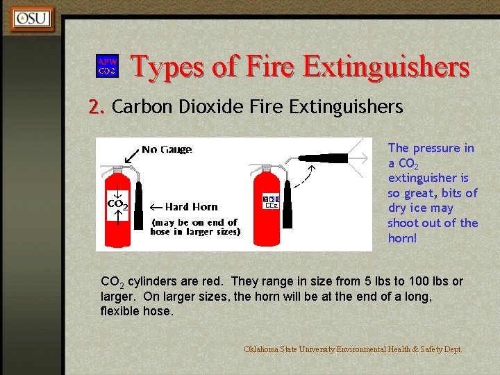 Types of Fire Extinguishers 2. Carbon Dioxide Fire Extinguishers The pressure in a CO