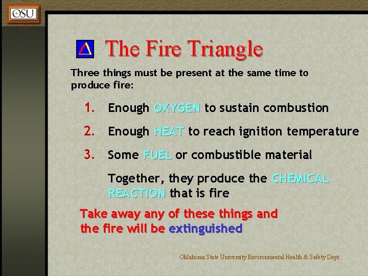 The Fire Triangle Three things must be present at the same time to produce