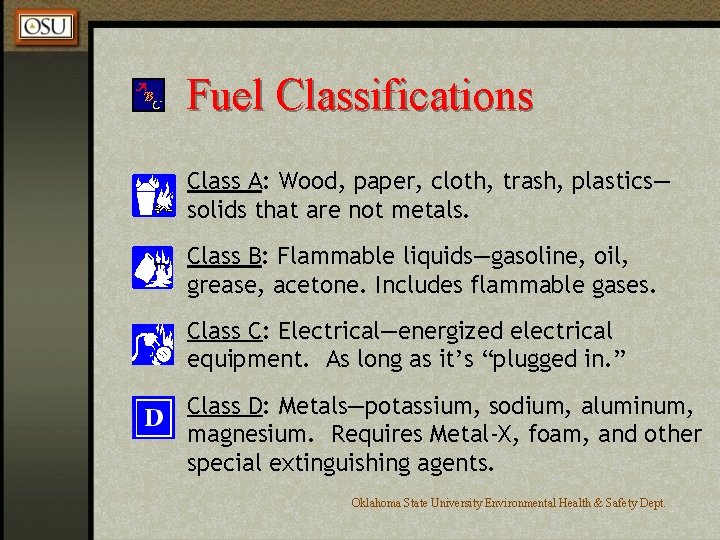 Fuel Classifications Class A: Wood, paper, cloth, trash, plastics— solids that are not metals.