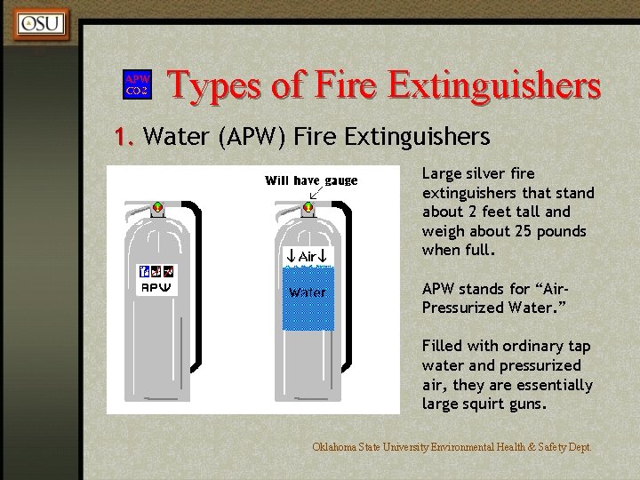 Types of Fire Extinguishers 1. Water (APW) Fire Extinguishers Large silver fire extinguishers that