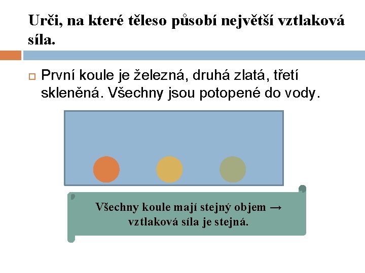 Urči, na které těleso působí největší vztlaková síla. První koule je železná, druhá zlatá,