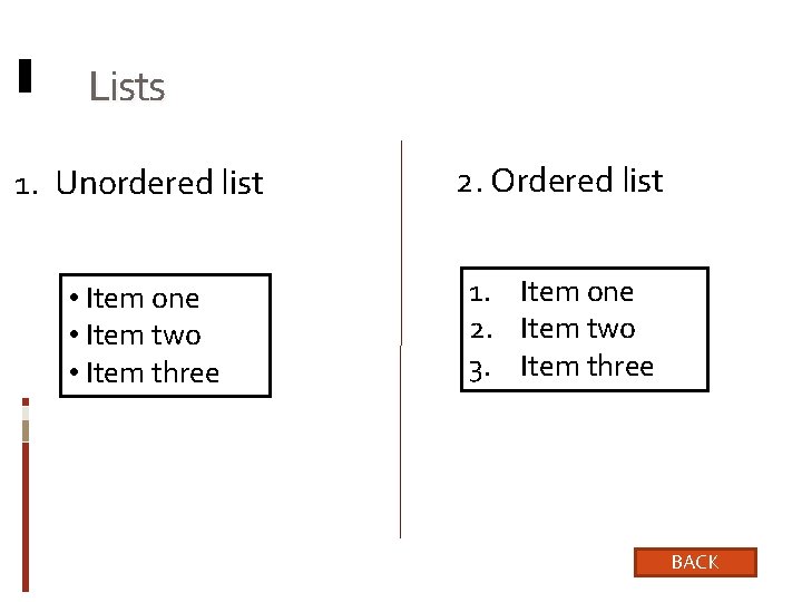 Lists 1. Unordered list 2. Ordered list • Item one • Item two •