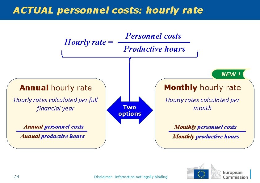 ACTUAL personnel costs: hourly rate Hourly rate = Personnel costs Productive hours NEW !